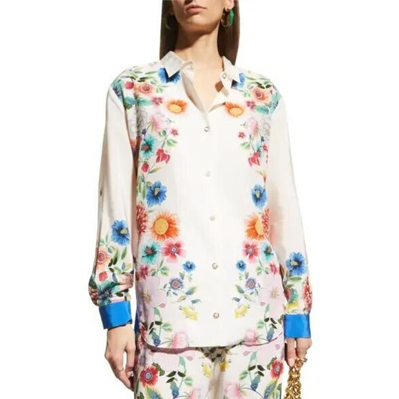 Johnny Was Gali 100% Silk Button Down Top XL Floral Boho Chic Roll Tab Sleeves - Picture 1 of 9